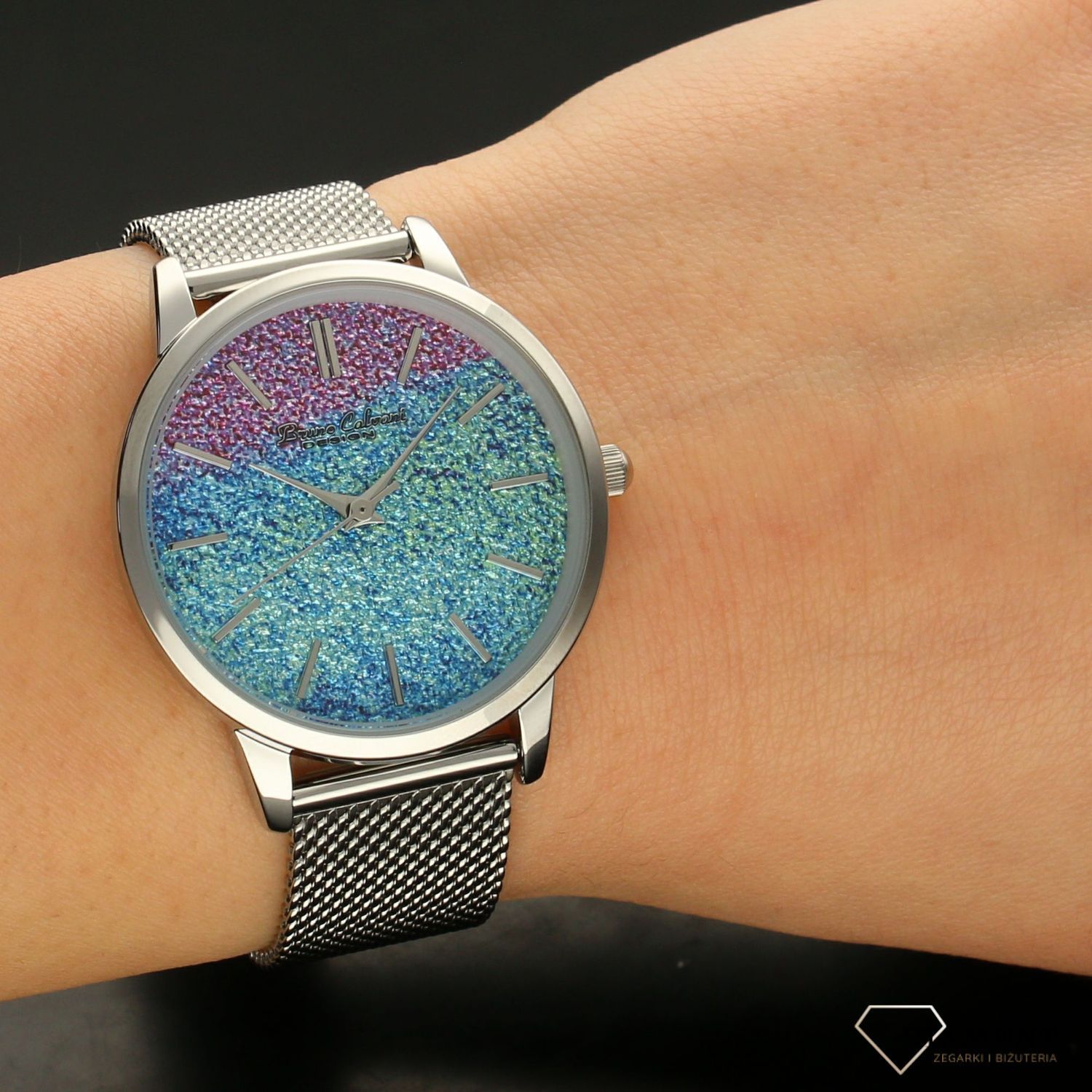 Zegarek damski BRUNO CALVANI BC90533 srebrny brokatowa tarcza.ka. Tarcza zegarka kolorowa. Bransoleta meshowa oraz koperta zegarka w kolorze srebrnym. Idealny pomysł na prezen (4).jpg